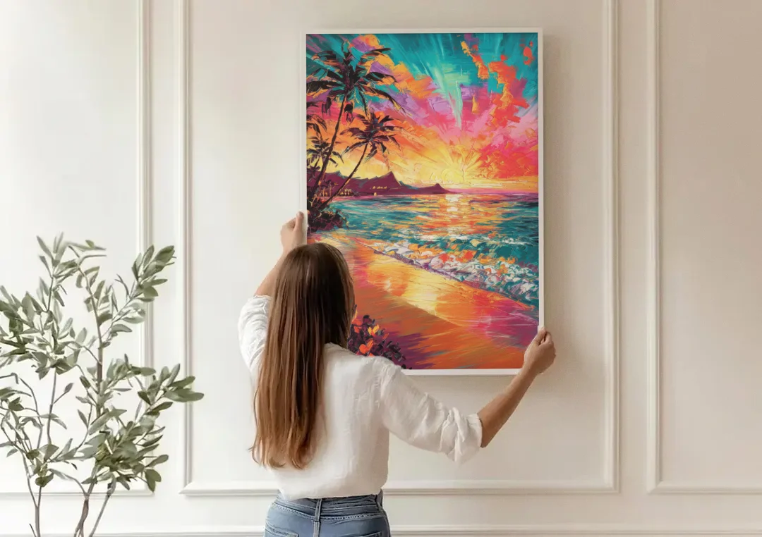 Honolulu Waikiki Beach Sunset canvas wall art being hung on a paneled wall