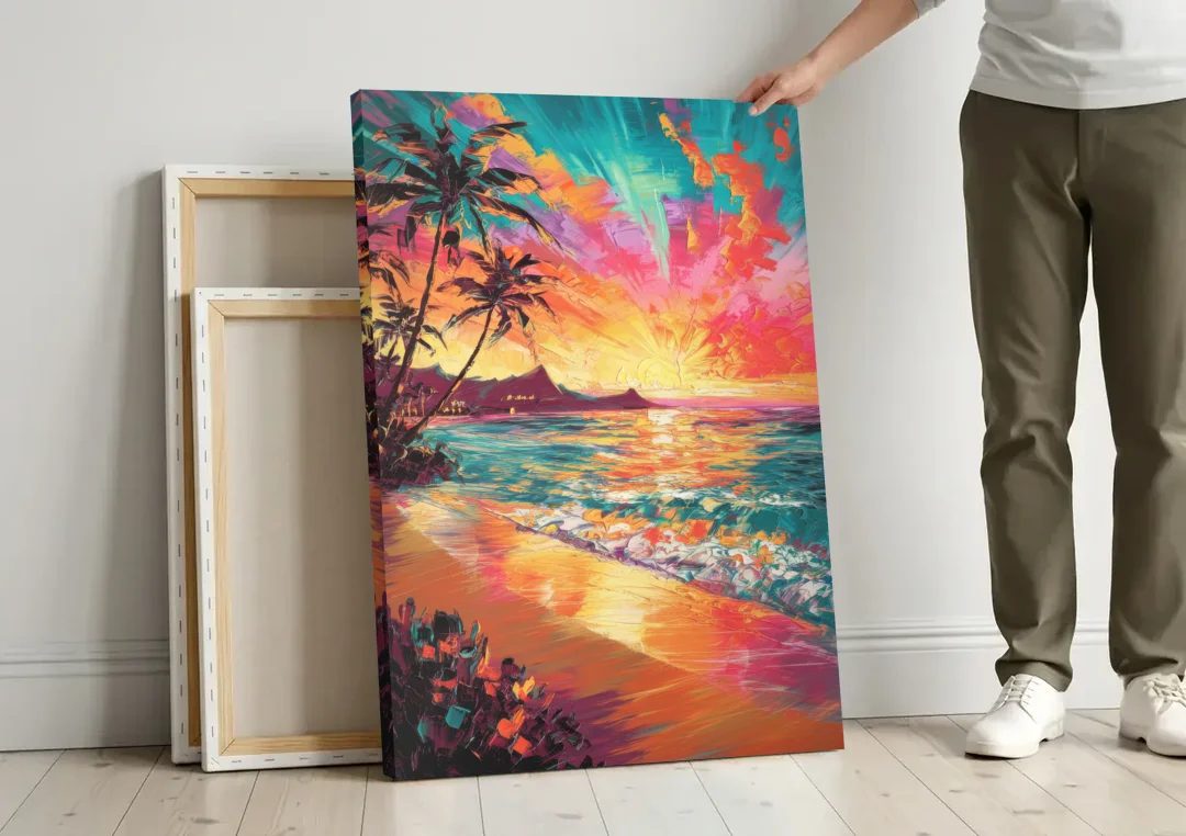 Honolulu Waikiki Beach Sunset canvas wall art leaning against a wall next to blank canvases