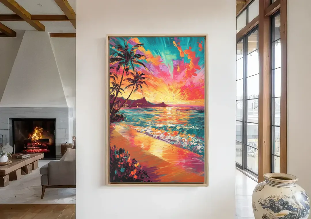Honolulu Waikiki Beach Sunset canvas wall art in a living room with a fireplace