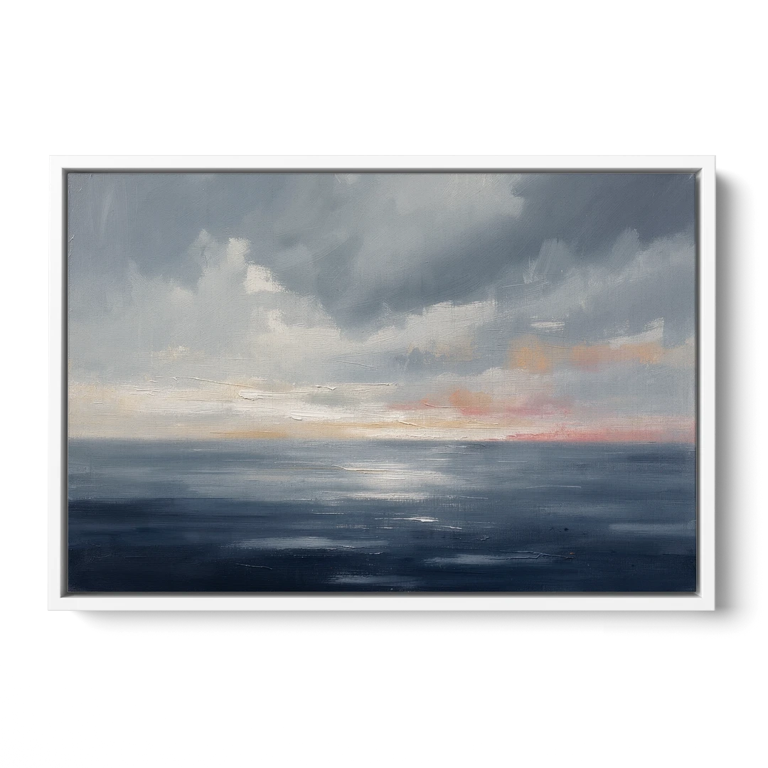 Horizon Line Painting at Blue Hour - White Framed Canvas Wall Art - Front