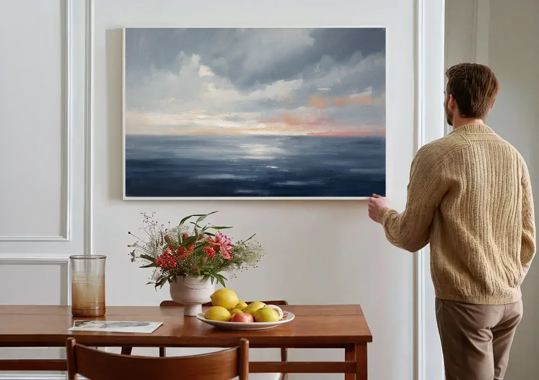 Horizon Line Painting at Blue Hour canvas wall art above a dining table