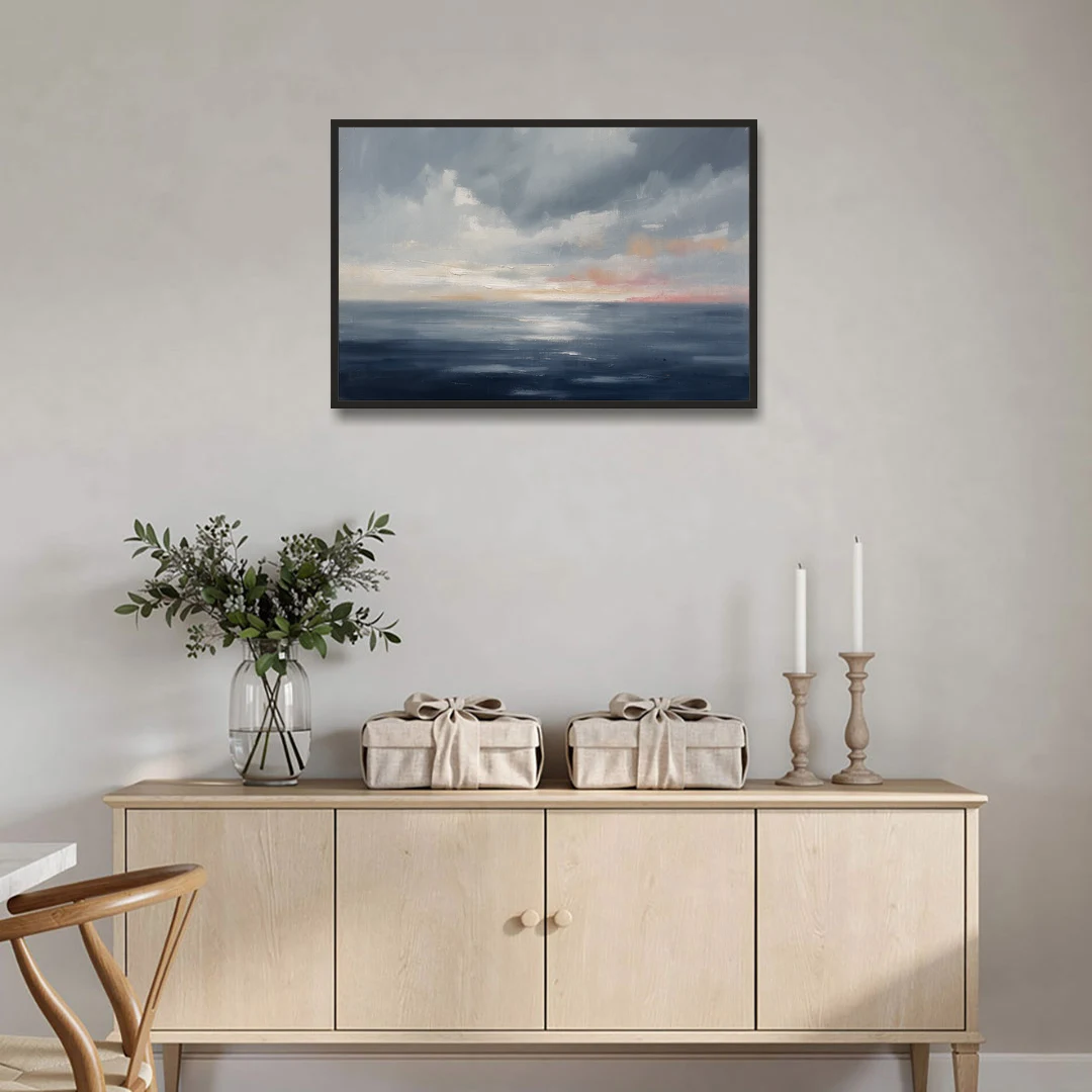 Horizon Line Painting at Blue Hour - Black Framed Canvas Wall Art - Coffee Table - 36x24
