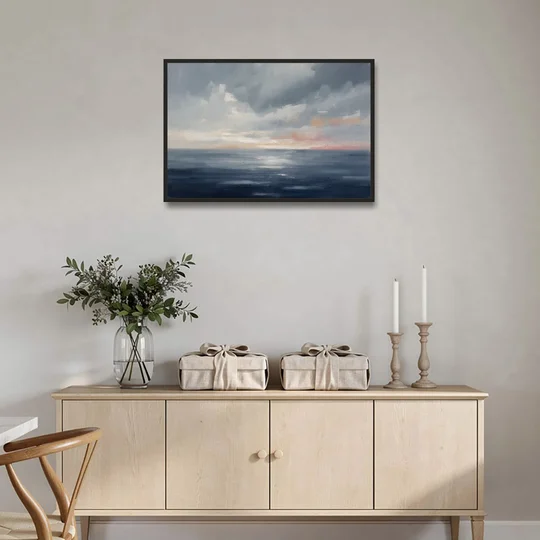 Horizon Line Painting at Blue Hour - Black Framed Canvas Wall Art - Coffee Table - 36x24