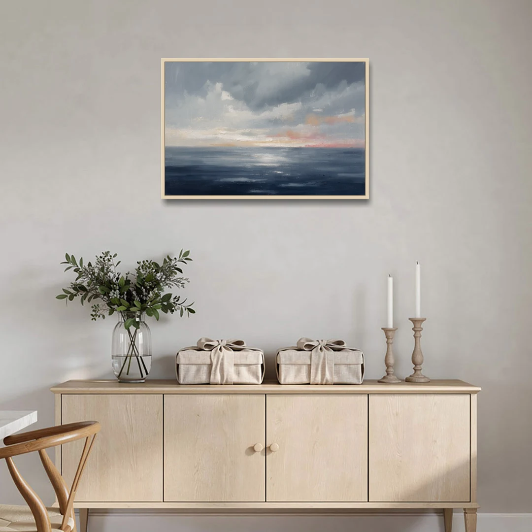 Horizon Line Painting at Blue Hour - Oak Framed Canvas Wall Art - Coffee Table - 36x24