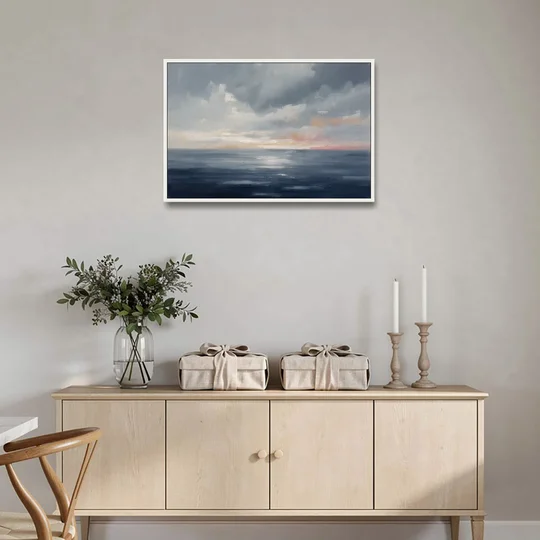 Horizon Line Painting at Blue Hour - White Framed Canvas Wall Art - Coffee Table - 36x24