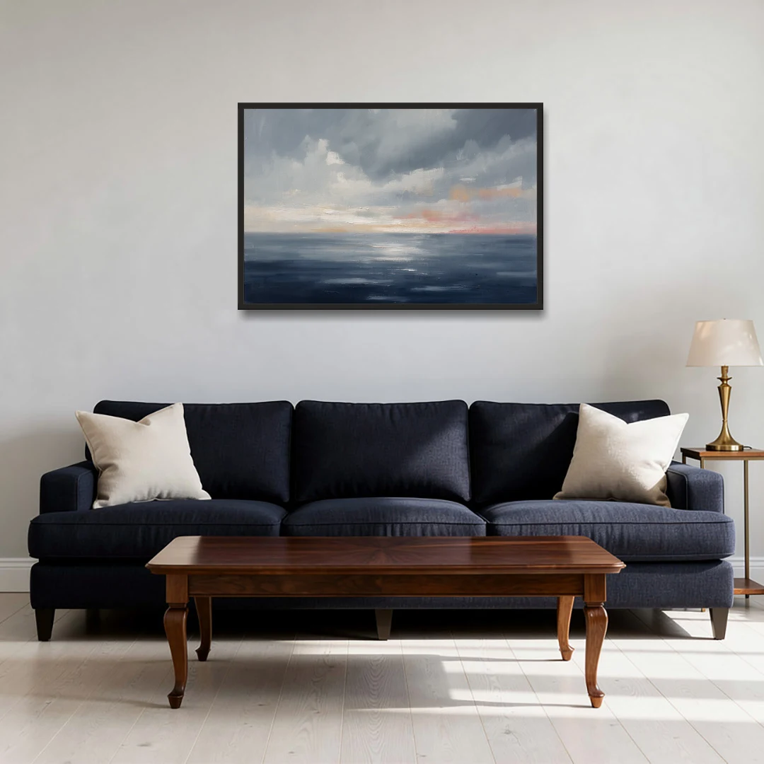 Horizon Line Painting at Blue Hour - Black Framed Canvas Wall Art - Sofa - 36x24
