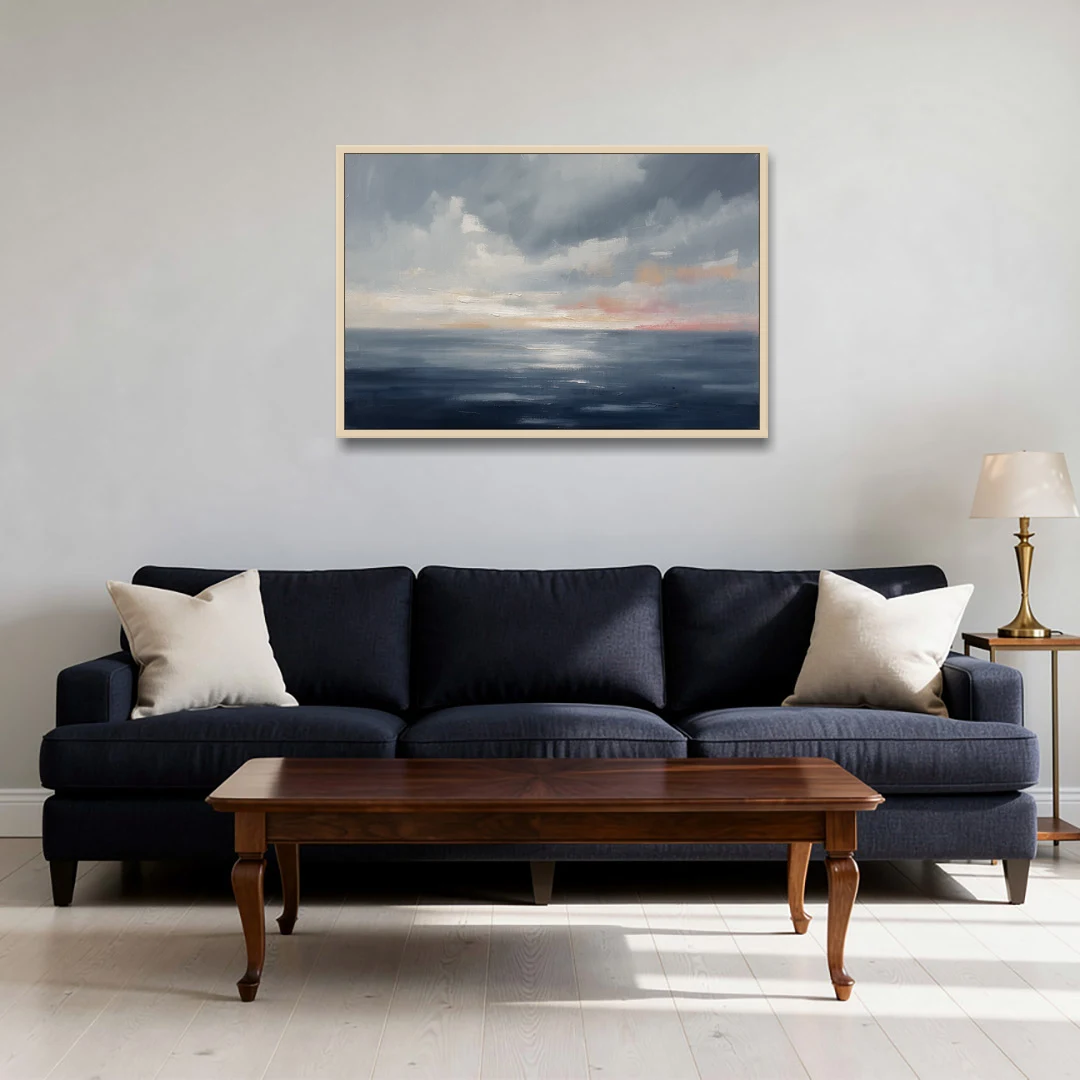 Horizon Line Painting at Blue Hour - Oak Framed Canvas Wall Art - Sofa - 36x24