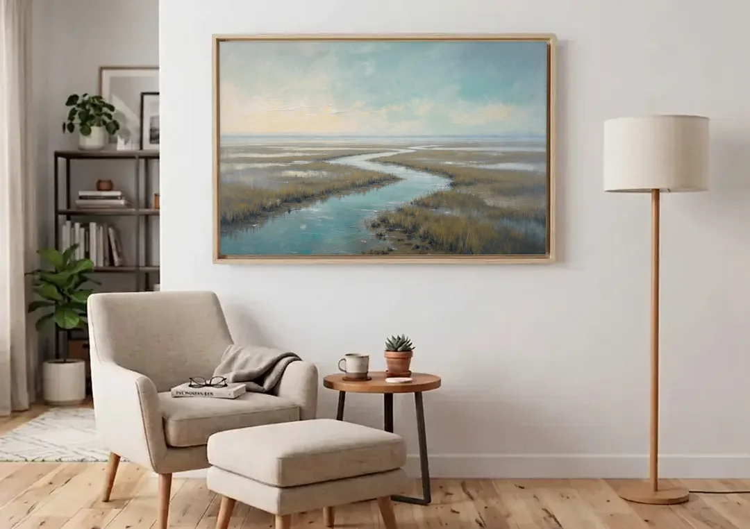 Horizon Wall Art of a Lowcountry Marsh at Dawn canvas wall art above an armchair in a bright living room