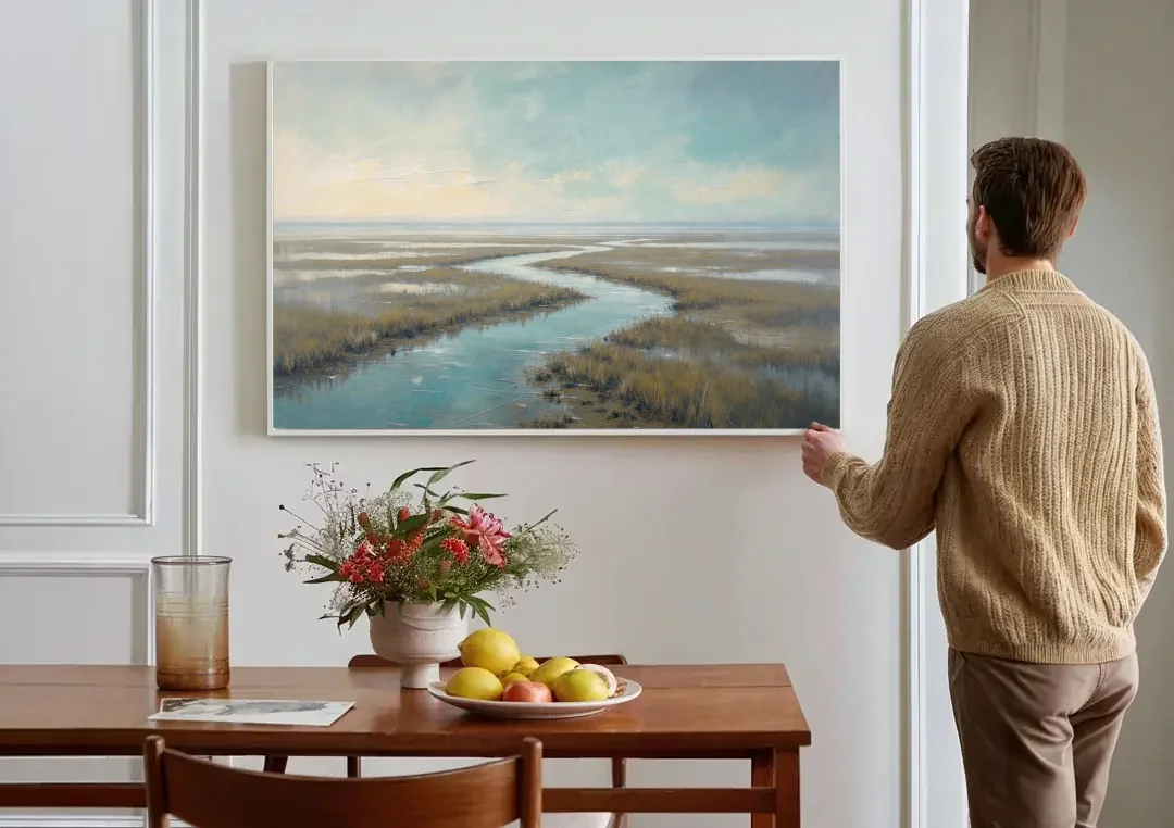 Horizon Wall Art of a Lowcountry Marsh at Dawn canvas wall art above a dining table