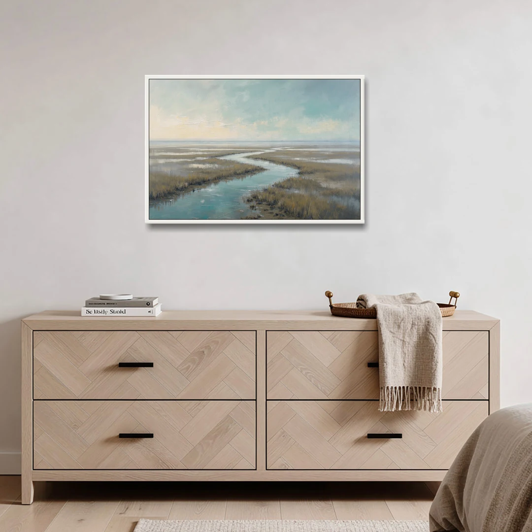 Horizon Wall Art of a Lowcountry Marsh at Dawn - White Framed Canvas Wall Art - Coffee Table - 36x24