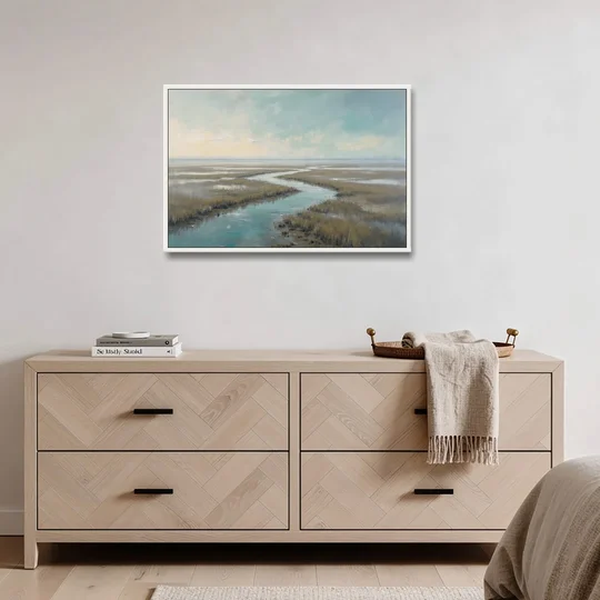 Horizon Wall Art of a Lowcountry Marsh at Dawn - White Framed Canvas Wall Art - Coffee Table - 36x24
