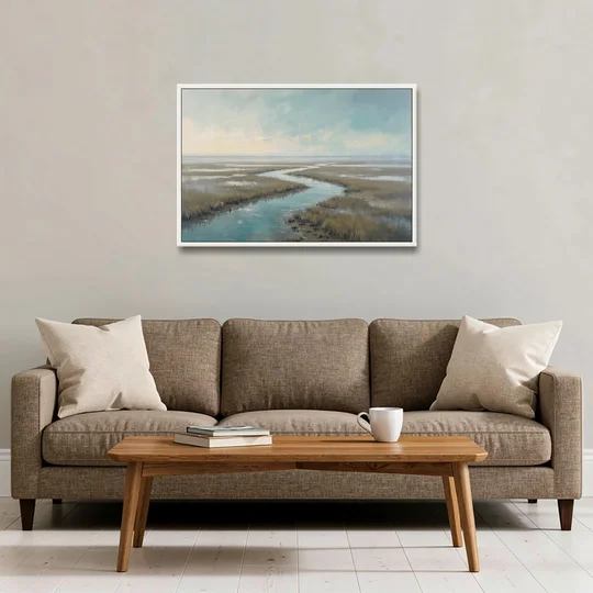 Horizon Wall Art of a Lowcountry Marsh at Dawn - White Framed Canvas Wall Art - Sofa - 36x24