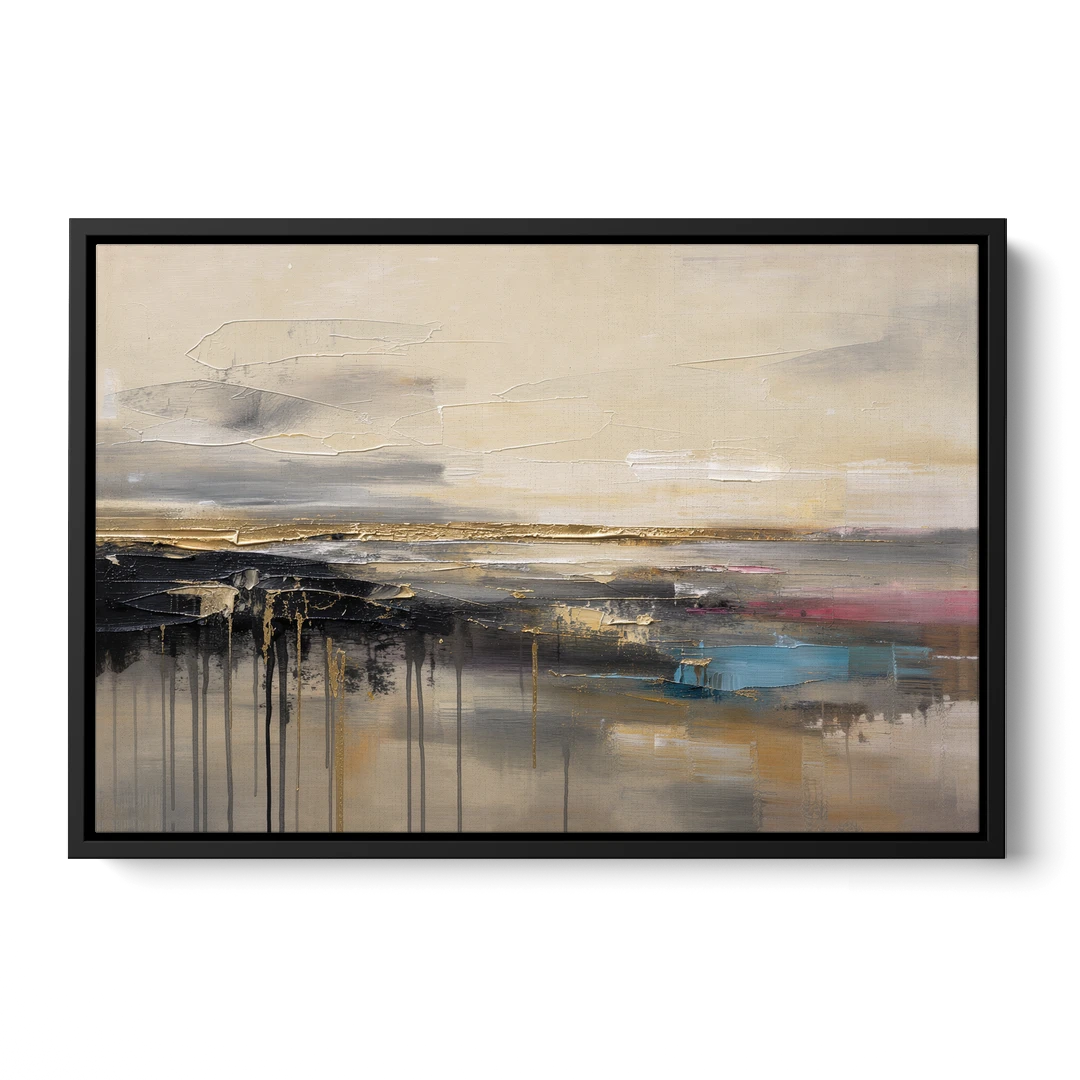 Horizontal Abstract Gold Seam Horizon Over Dripping Earth - Black Framed Canvas Wall Art - Front