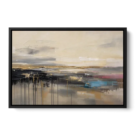 Horizontal Abstract Gold Seam Horizon Over Dripping Earth - Black Framed Canvas Wall Art - Front