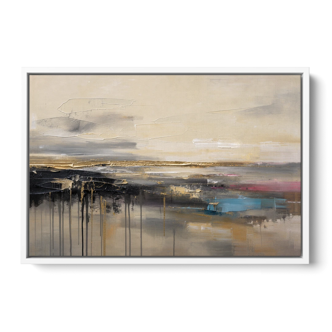Horizontal Abstract Gold Seam Horizon Over Dripping Earth - White Framed Canvas Wall Art - Front