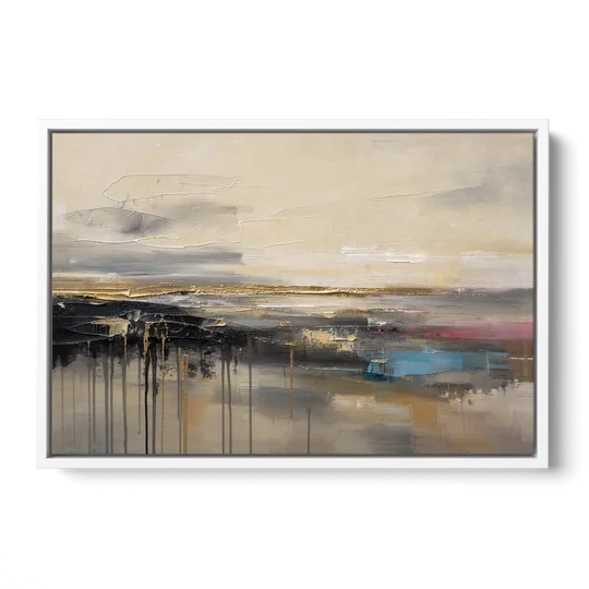 Horizontal Abstract Gold Seam Horizon Over Dripping Earth - White Framed Canvas Wall Art - Front