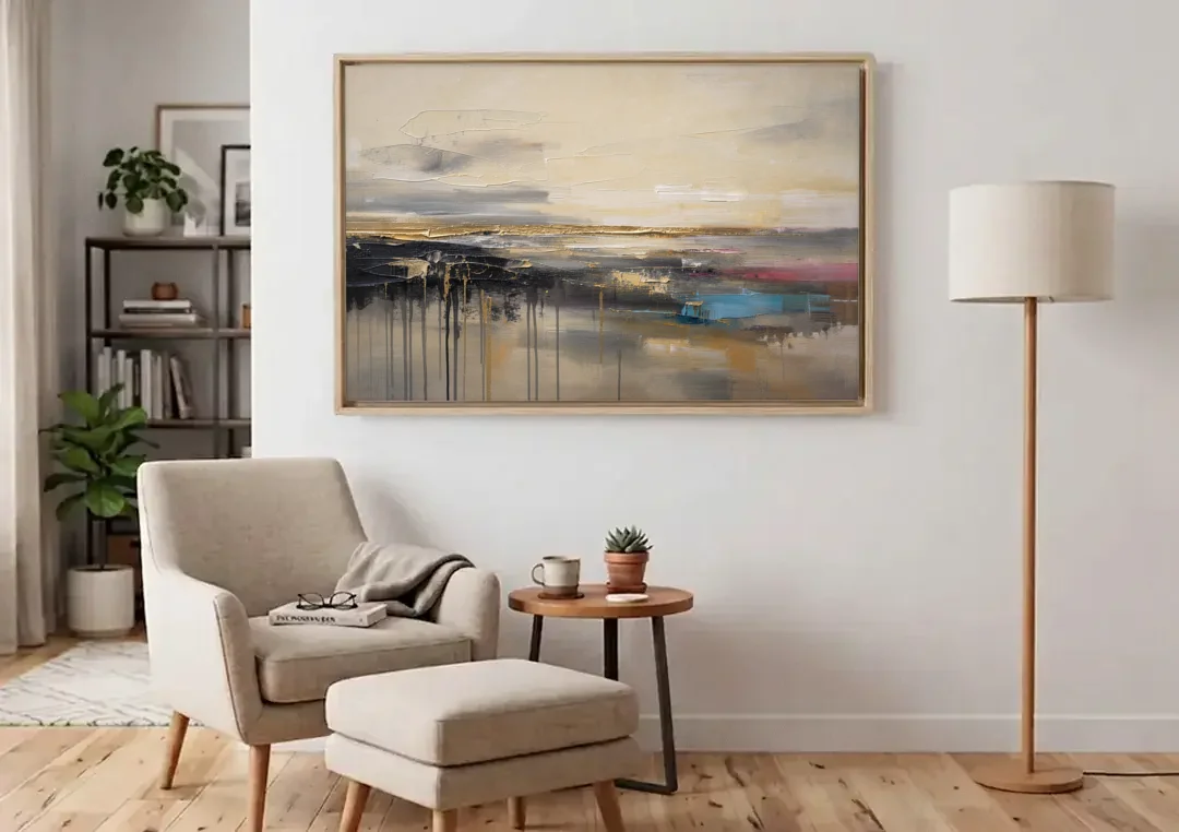 Horizontal Abstract Gold Seam Horizon Over Dripping Earth canvas wall art above an armchair in a bright living room