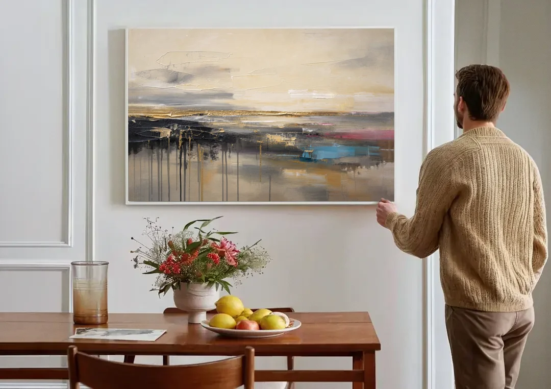 Horizontal Abstract Gold Seam Horizon Over Dripping Earth canvas wall art above a dining table