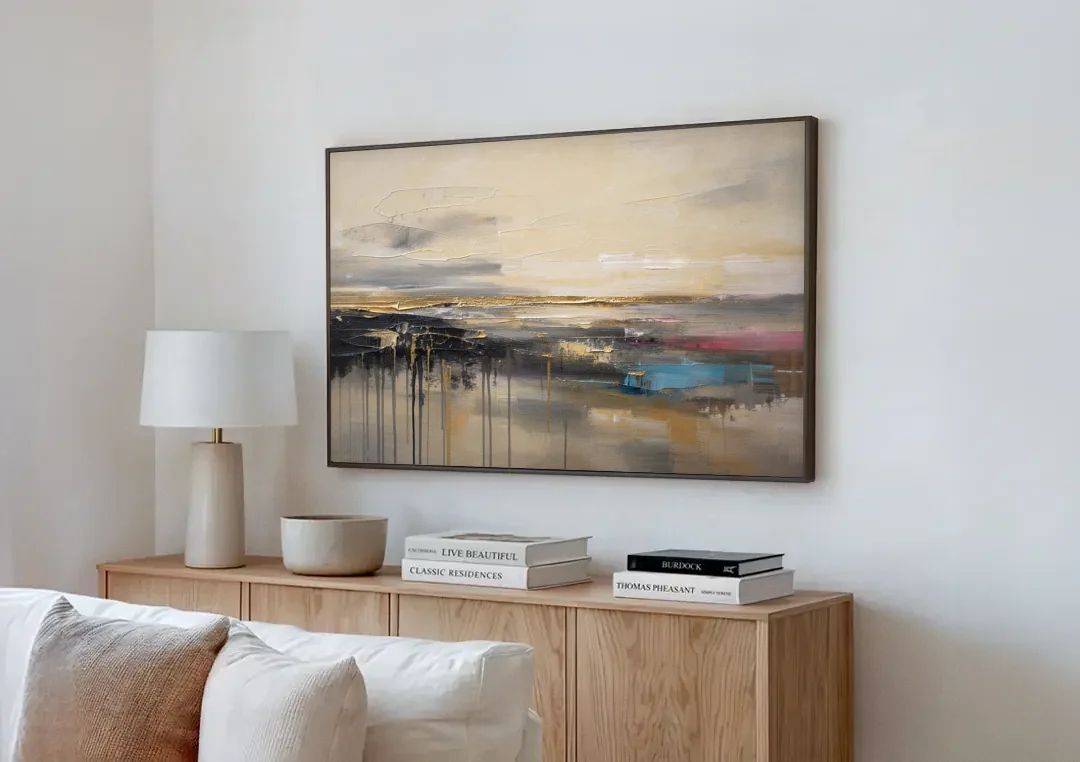 Horizontal Abstract Gold Seam Horizon Over Dripping Earth canvas wall art above a wooden sideboard next to a sofa
