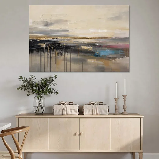 Horizontal Abstract Gold Seam Horizon Over Dripping Earth - Canvas Wall Art - Coffee Table - 60x40