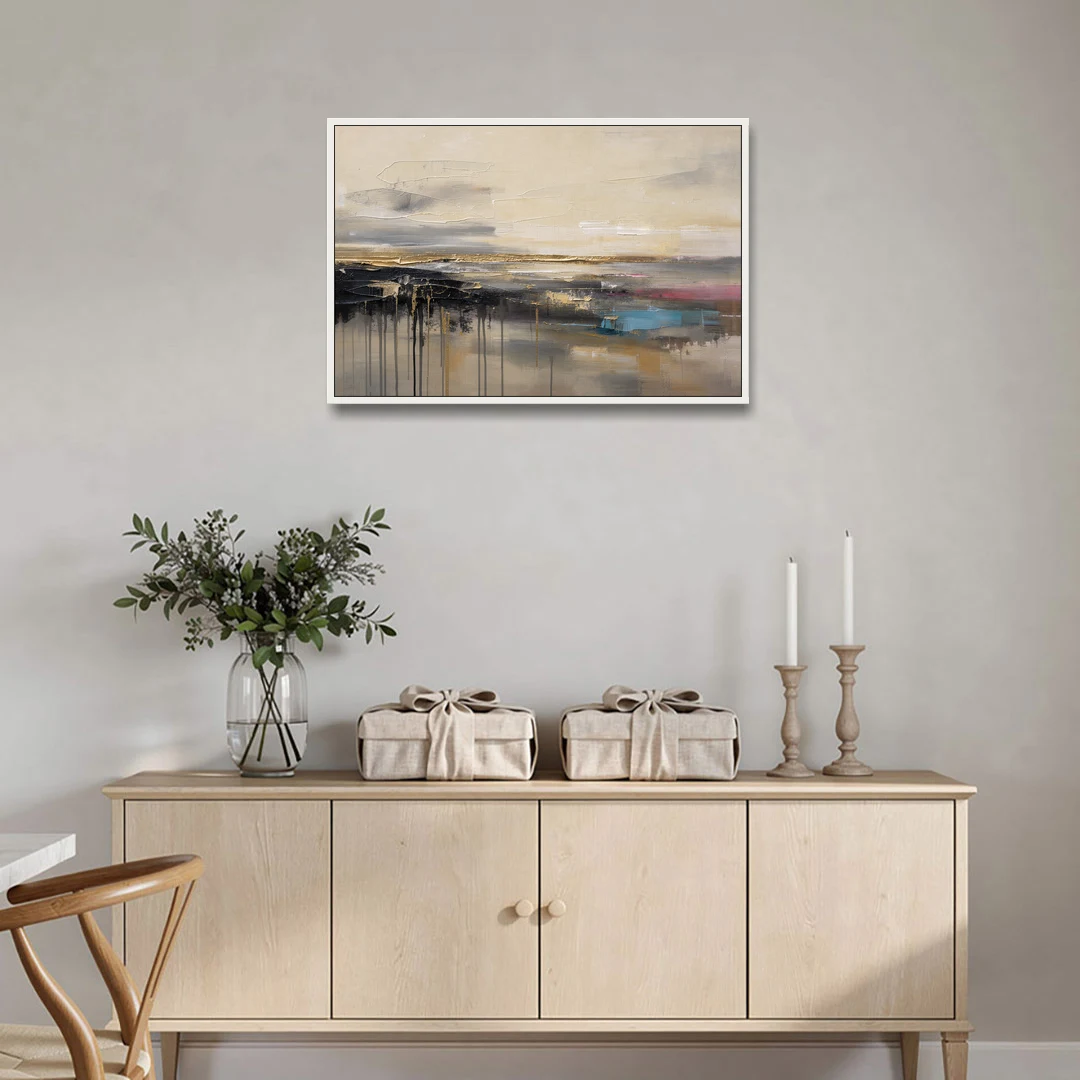 Horizontal Abstract Gold Seam Horizon Over Dripping Earth - White Framed Canvas Wall Art - Coffee Table - 36x24