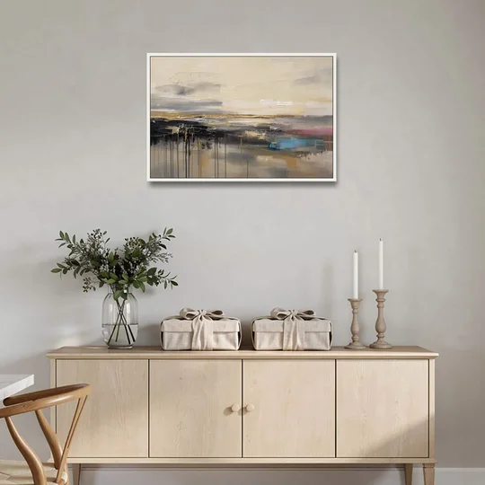 Horizontal Abstract Gold Seam Horizon Over Dripping Earth - White Framed Canvas Wall Art - Coffee Table - 36x24