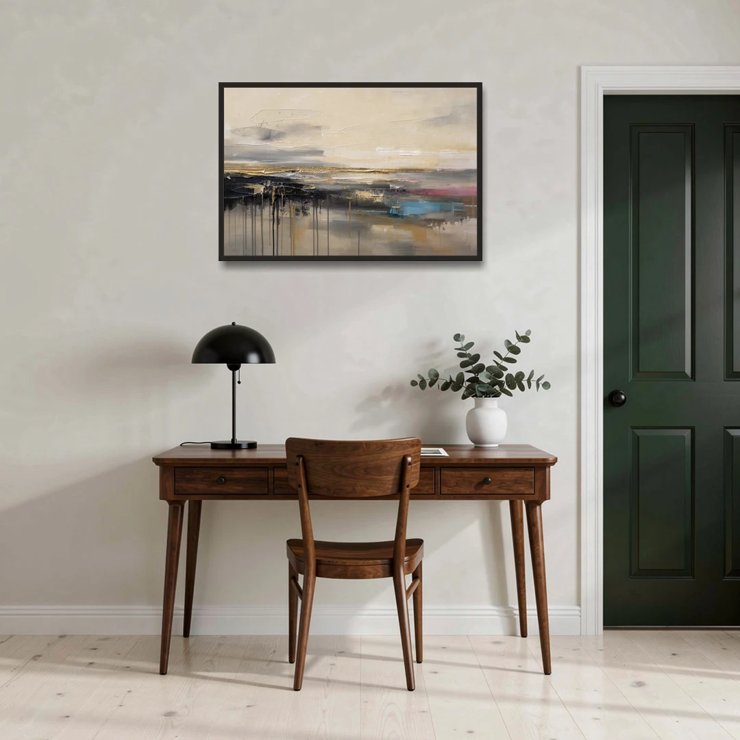 Horizontal Abstract Gold Seam Horizon Over Dripping Earth - Black Framed Canvas Wall Art - Office - 36x24