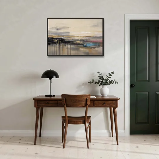 Horizontal Abstract Gold Seam Horizon Over Dripping Earth - Black Framed Canvas Wall Art - Office - 36x24
