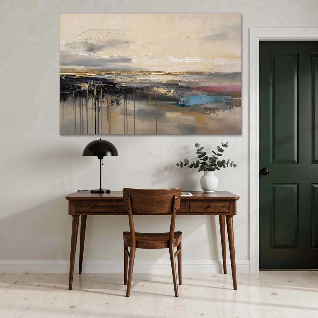 Horizontal Abstract Gold Seam Horizon Over Dripping Earth - Canvas Wall Art - Office - 60x40