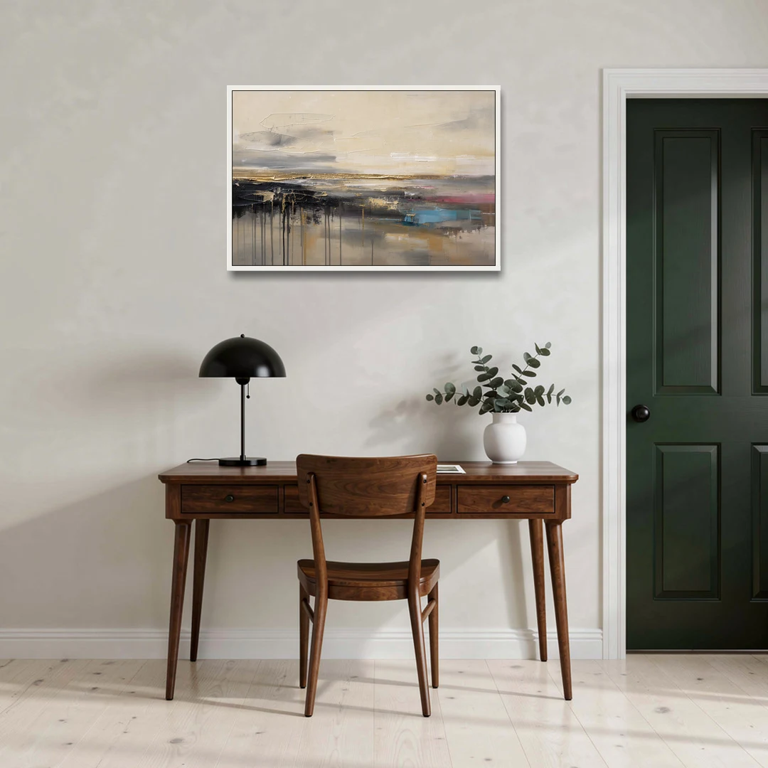 Horizontal Abstract Gold Seam Horizon Over Dripping Earth - White Framed Canvas Wall Art - Office - 36x24