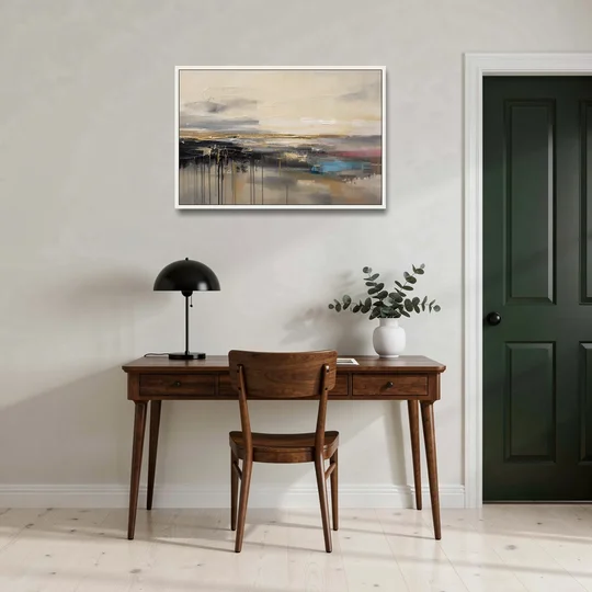 Horizontal Abstract Gold Seam Horizon Over Dripping Earth - White Framed Canvas Wall Art - Office - 36x24