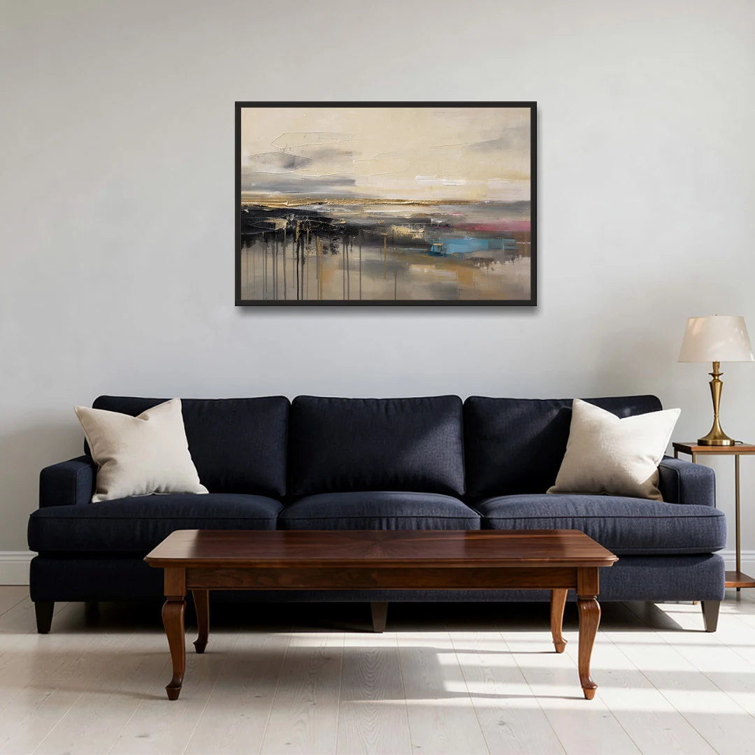 Horizontal Abstract Gold Seam Horizon Over Dripping Earth - Black Framed Canvas Wall Art - Sofa - 36x24