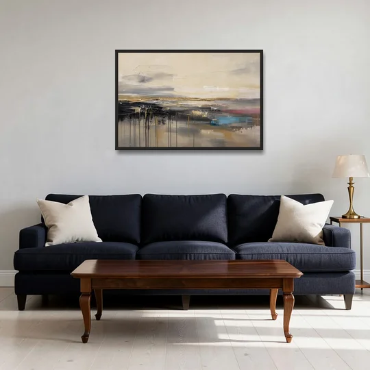 Horizontal Abstract Gold Seam Horizon Over Dripping Earth - Black Framed Canvas Wall Art - Sofa - 36x24
