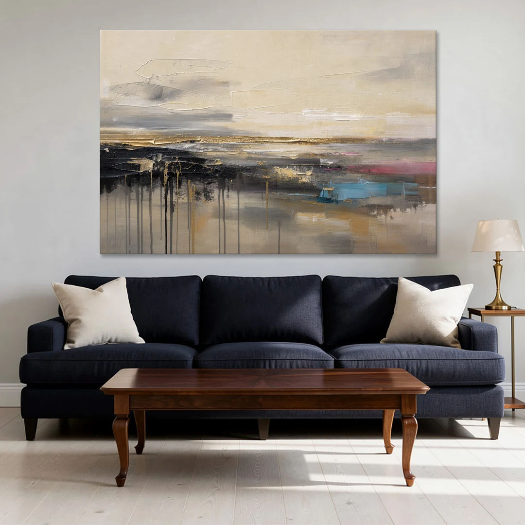 Horizontal Abstract Gold Seam Horizon Over Dripping Earth - Canvas Wall Art - Sofa - 60x40