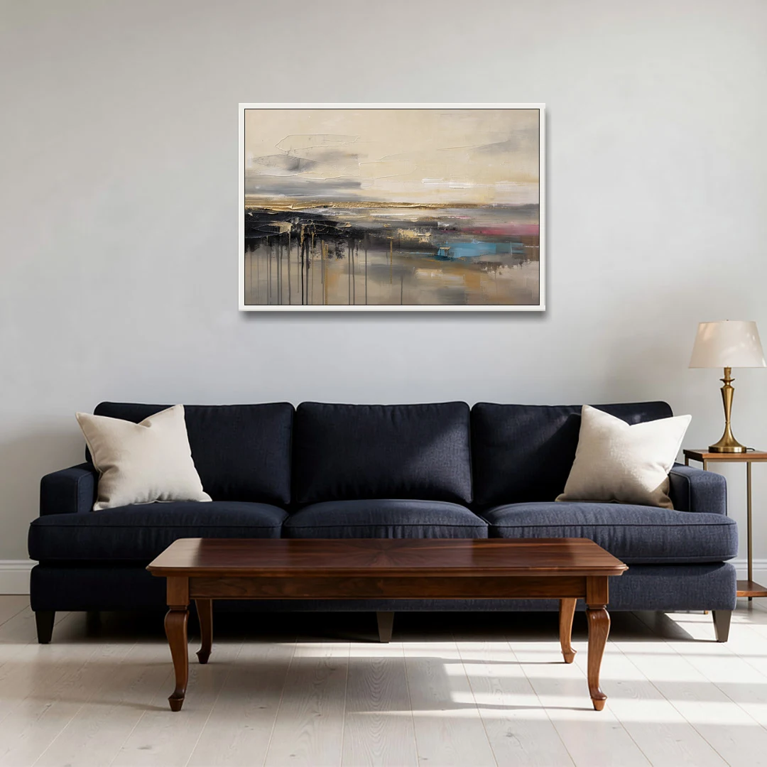 Horizontal Abstract Gold Seam Horizon Over Dripping Earth - White Framed Canvas Wall Art - Sofa - 36x24