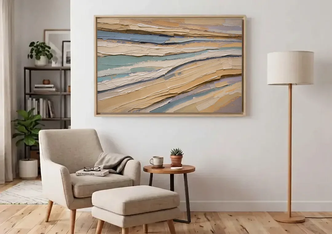 Horizontal Abstract Painting of Sandstone Strata canvas wall art above an armchair in a bright living room