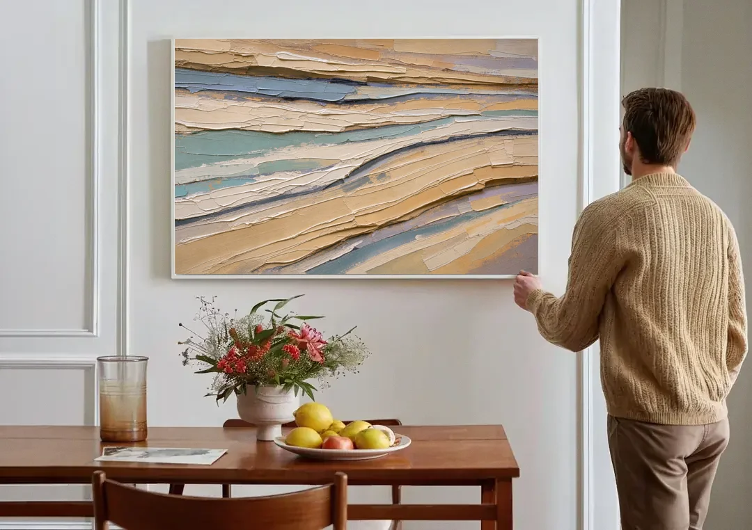 Horizontal Abstract Painting of Sandstone Strata canvas wall art above a dining table