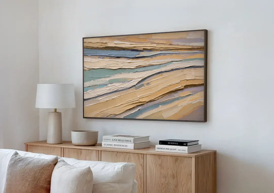 Horizontal Abstract Painting of Sandstone Strata canvas wall art above a wooden sideboard next to a sofa