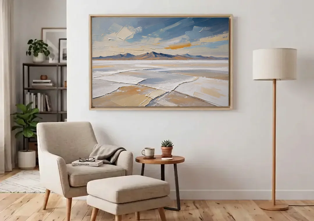 Horizontal Canvas Wall Art of a Cracked Salt Flat canvas wall art above an armchair in a bright living room
