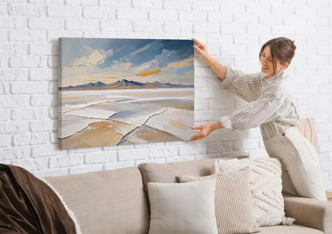 Horizontal Canvas Wall Art of a Cracked Salt Flat canvas wall art being hung on a white brick wall above a sofa