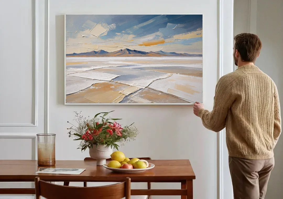 Horizontal Canvas Wall Art of a Cracked Salt Flat canvas wall art above a dining table