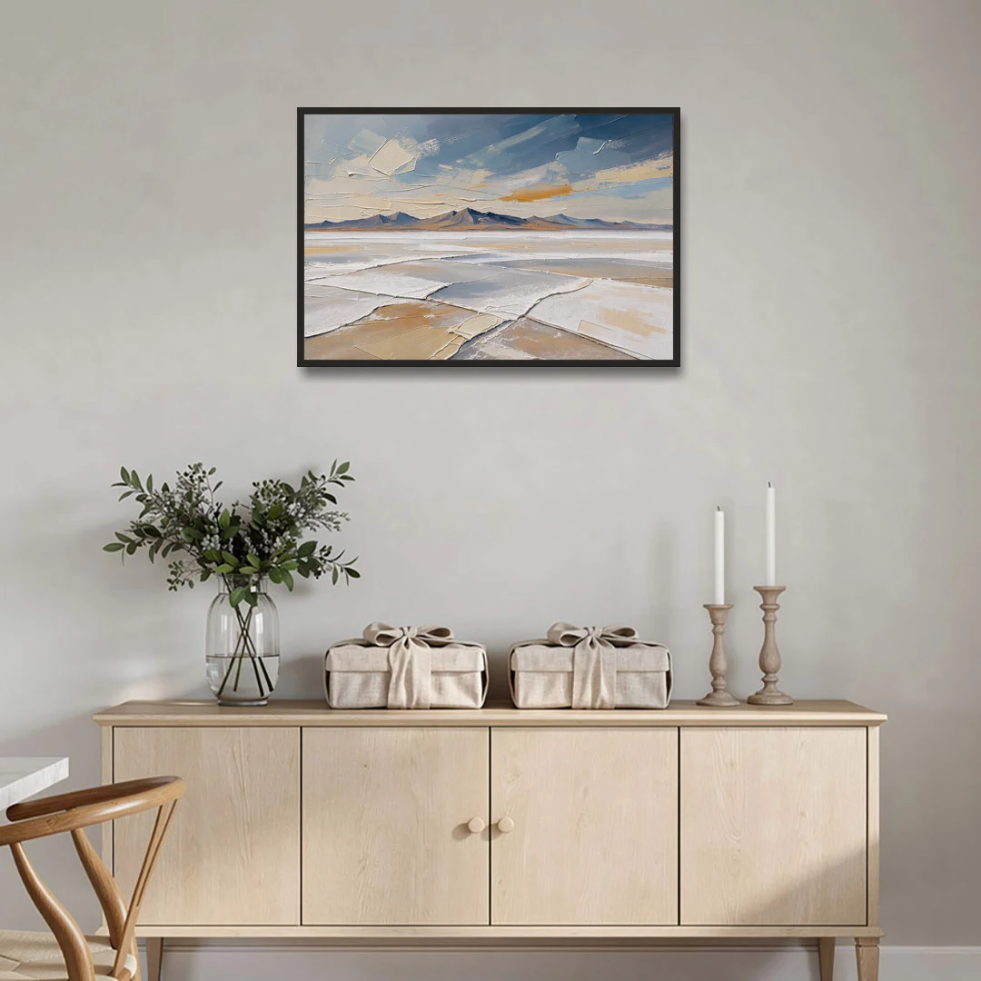 Horizontal Canvas Wall Art of a Cracked Salt Flat - Black Framed Canvas Wall Art - Coffee Table - 36x24
