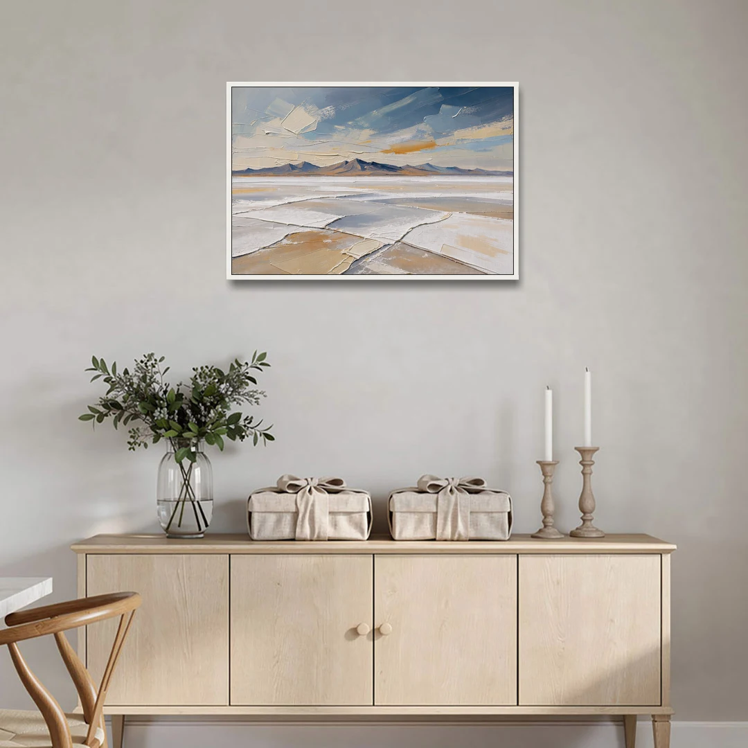 Horizontal Canvas Wall Art of a Cracked Salt Flat - White Framed Canvas Wall Art - Coffee Table - 36x24