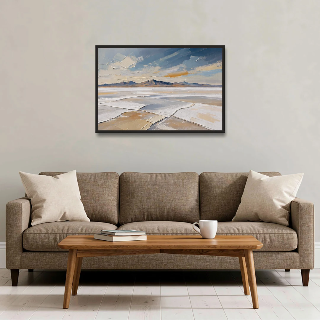 Horizontal Canvas Wall Art of a Cracked Salt Flat - Black Framed Canvas Wall Art - Sofa - 36x24