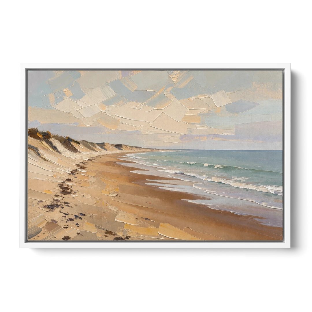 Horizontal Low Tide Beach Below Ivory Sky for the Bedroom - White Framed Canvas Wall Art - Front