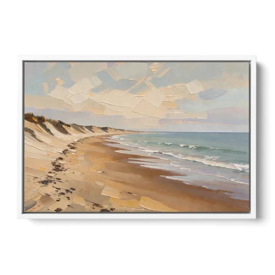 Horizontal Low Tide Beach Below Ivory Sky for the Bedroom - White Framed Canvas Wall Art - Front