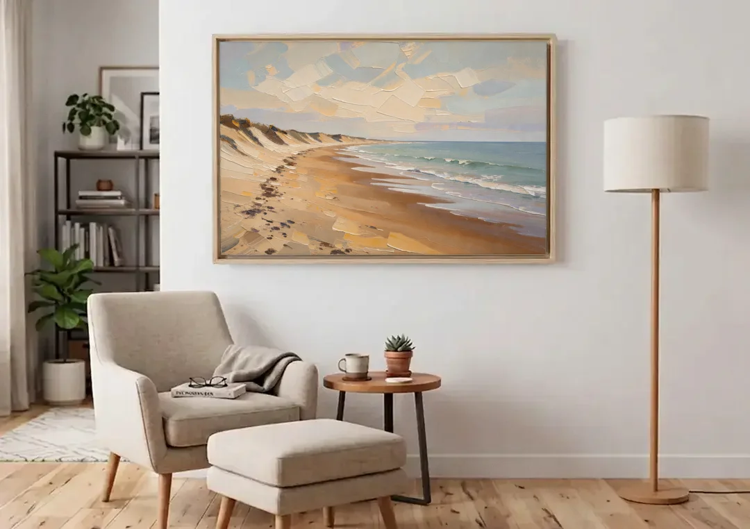 Horizontal Low Tide Beach Below Ivory Sky for the Bedroom canvas wall art above an armchair in a bright living room