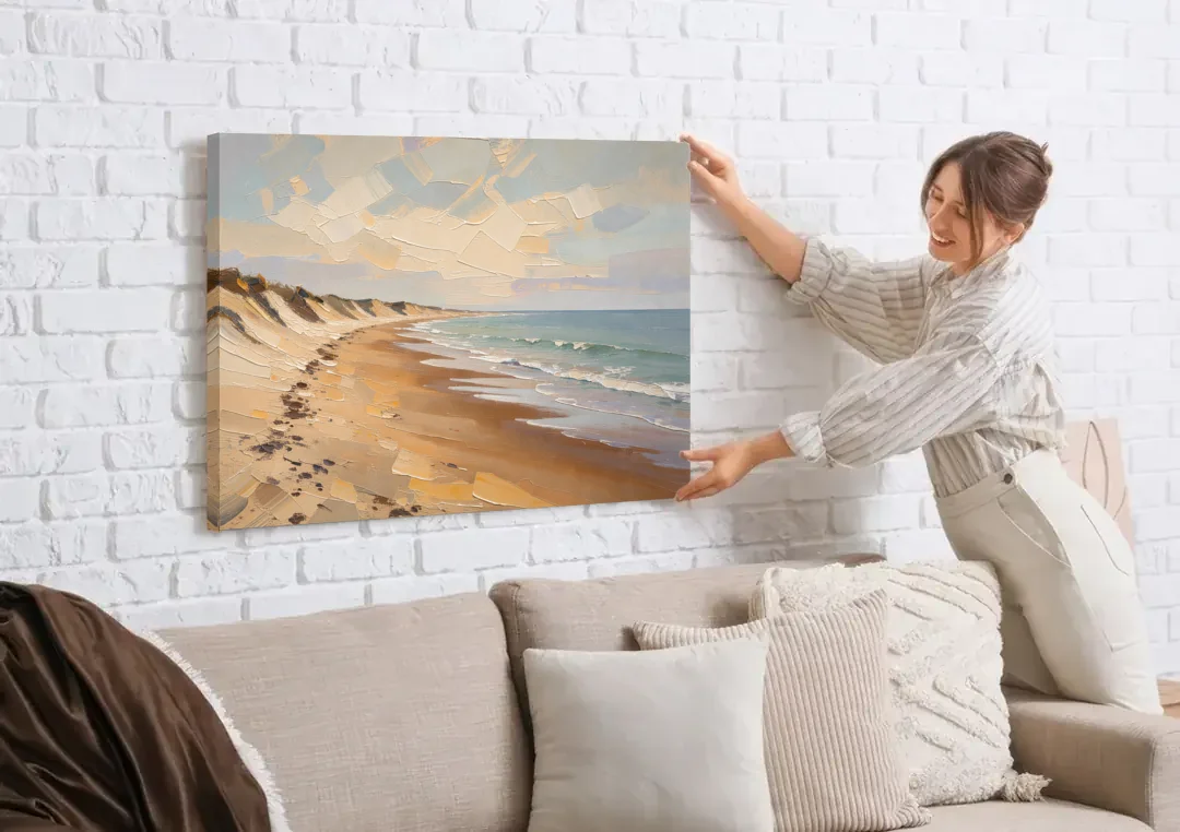 Horizontal Low Tide Beach Below Ivory Sky for the Bedroom canvas wall art being hung on a white brick wall above a sofa