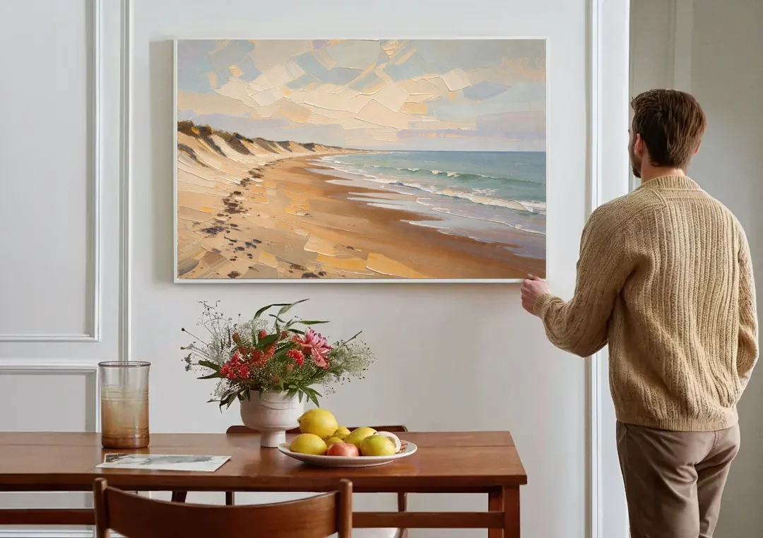 Horizontal Low Tide Beach Below Ivory Sky for the Bedroom canvas wall art above a dining table