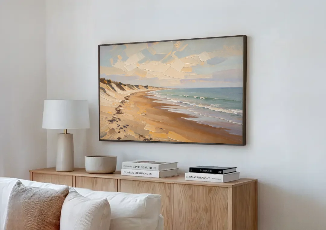 Horizontal Low Tide Beach Below Ivory Sky for the Bedroom canvas wall art above a wooden sideboard next to a sofa